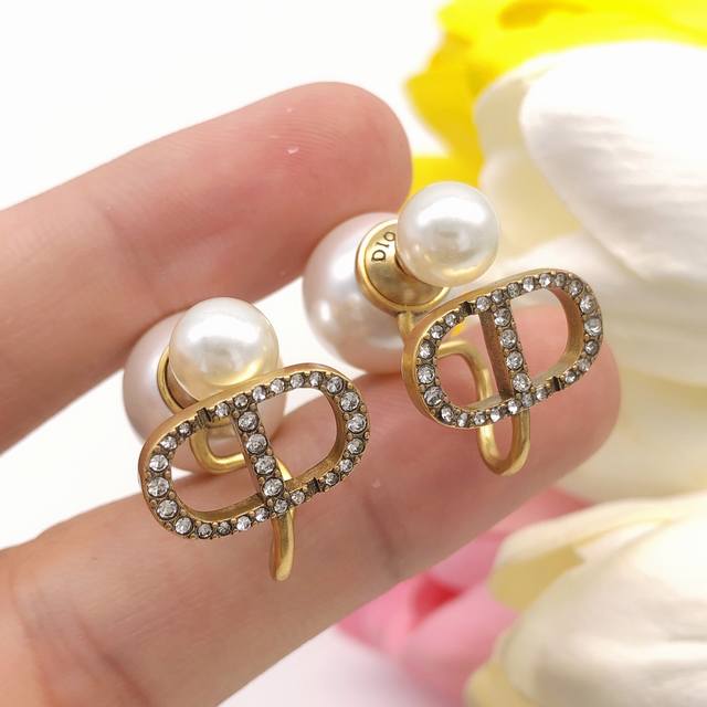 Id Ded0269 Dior Original New Arrival Cd Diamond-Studded Pearl Earrings High-End