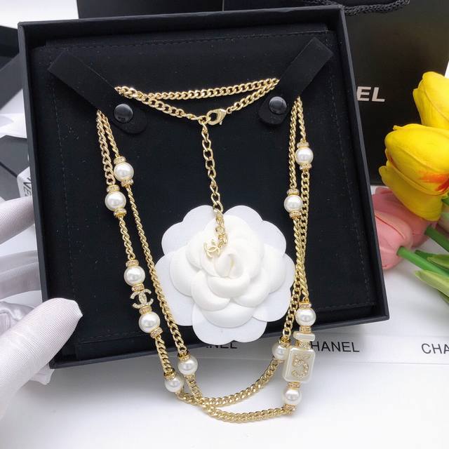 Id Xxl0813 Ch Nel Perfume Bottle Pearl Cc Long Necklace Two Round Pearls With Ex