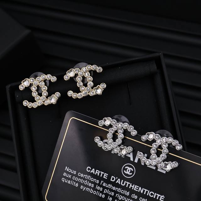 Chanel 25P Star And Heart Double C Stud Earrings Full Of Vitality Sweet~High Wea