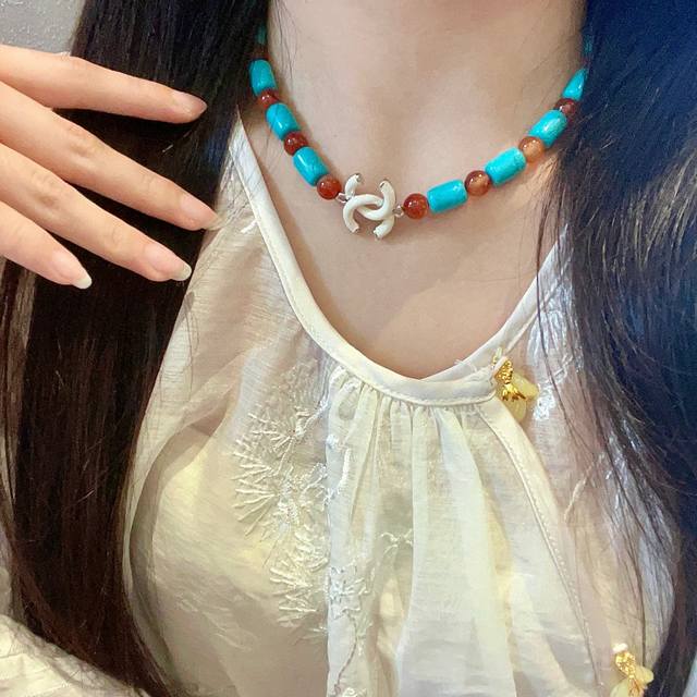 Chanel Colored Bead Double C Necklace