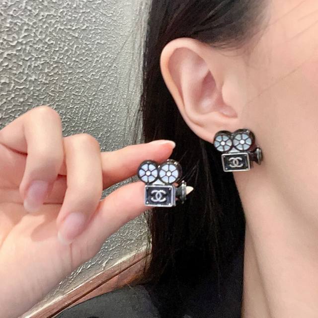 Chanel Black Double C Stud Earrings