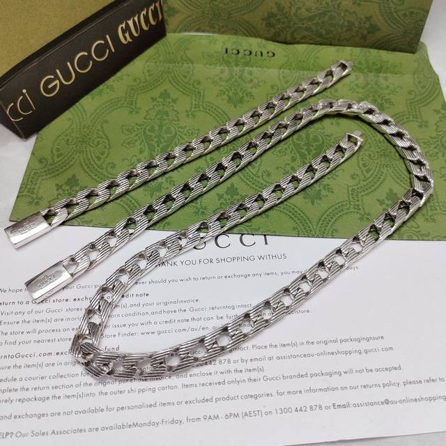 Necklace, 120G. This Gucci Necklace Features Engraved Stripes With The Brand Log