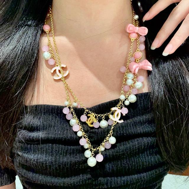 Chanel Bow Candy-Colored Pearl Double C Sweater Chain