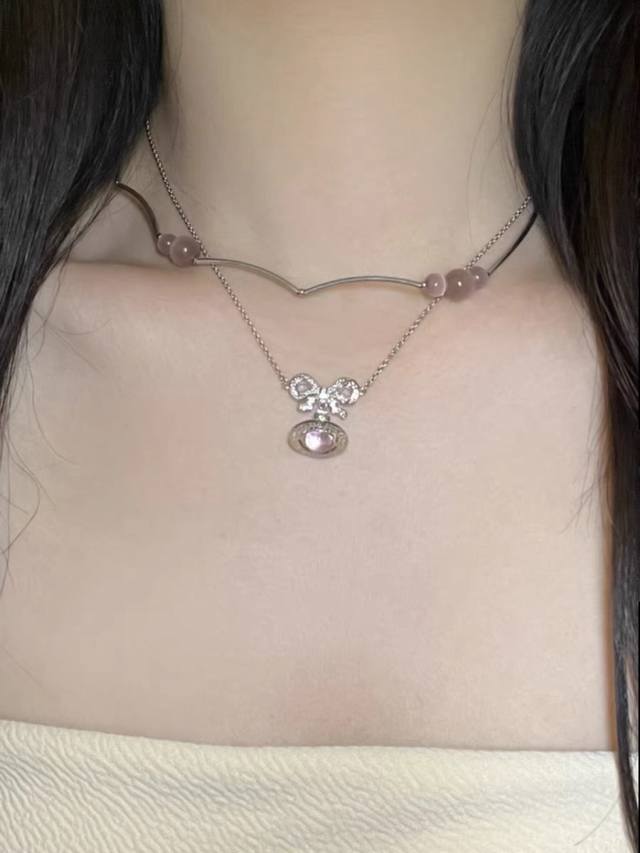 Vivienne Westwood Necklace Saturn Butterfly Bow Limited Edition Pink Series