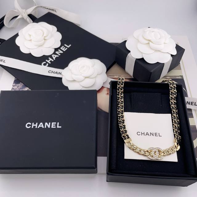 Our Product: Chanel Thick Chain Double-Layer Black Leather Choker Z 9600. For Bu