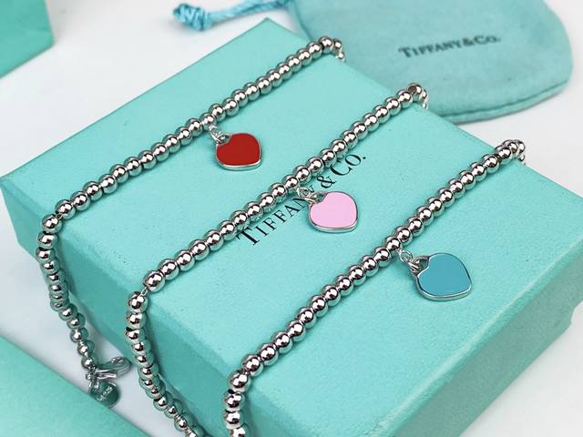 Tiffany Heart-Shaped Pearl Bracelet In Red, Blue, And Pink Enamel Beads, High-En