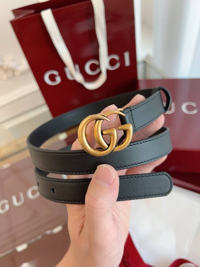 Gucci Imported Black Cowhide Leather, Original Molded Gold-Plated Buckle, Unques