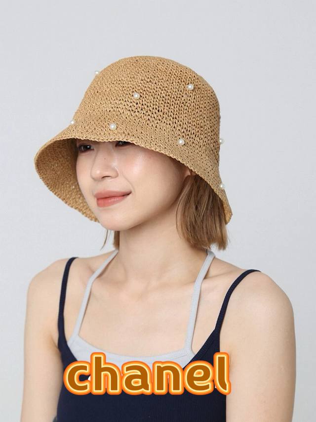 Chanel Vintage-Inspired Small-Brimmed Straw Hat With Pearl Accents, Classic Fren