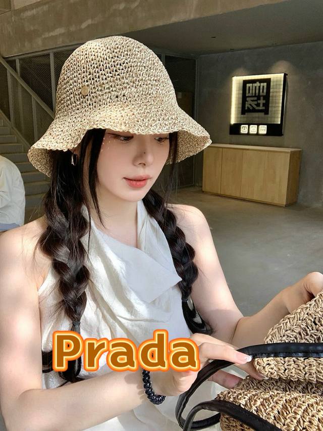 Prada French Retro Mixed-Color Foldable Straw Hat For Women, Summer Beach H-Shap