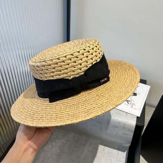 Dior New Raffia Flat-Top Hat, High-End Custom, Fashionable Best Match, Head Circ