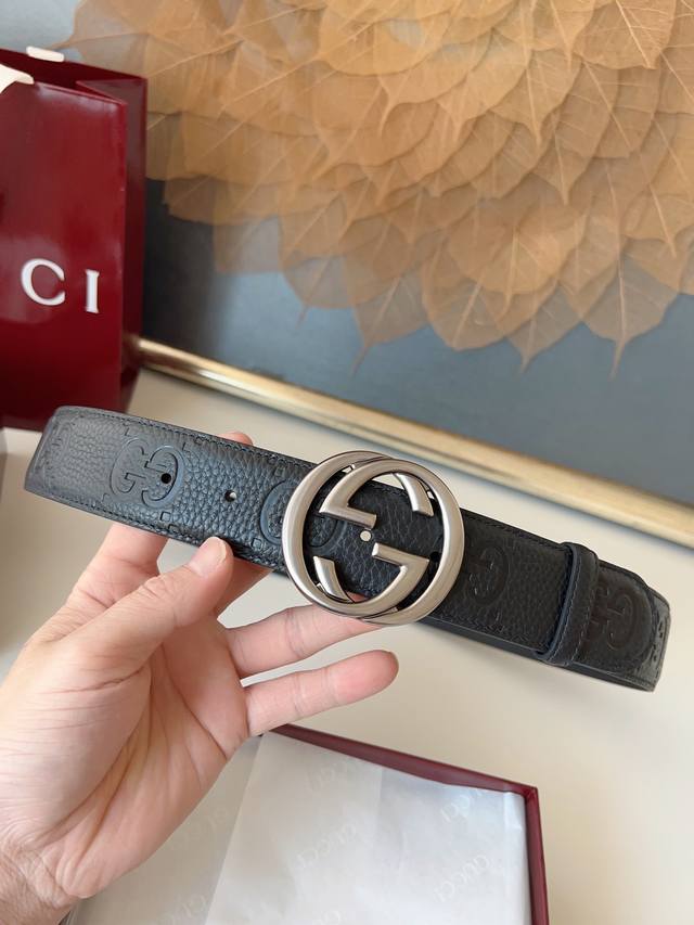 Gucci Classic Full-Leather Embossed, Width 4.0 Cm, New Store Logo Horizontal Str