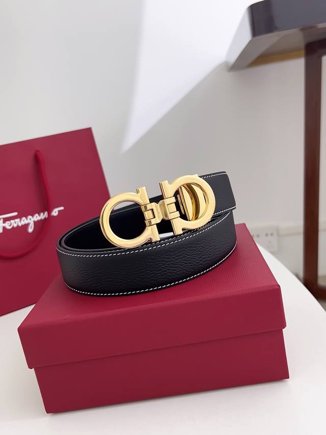 Ferragamo, Width 3.5 Cm, Grain-Textured Top-Grain Calfskin Paired With Imported