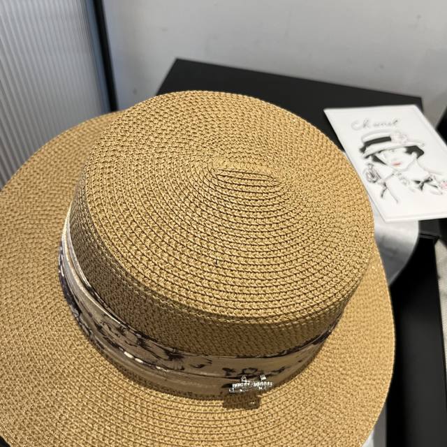 Chanel Flat-Top Straw Hat, Ceremonial Hat, Head Circumference 57 Cm