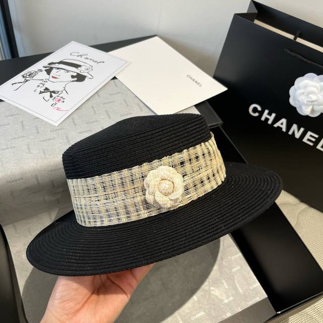 Chanel Flat-Top Ceremonial Hat, Pp Straw Hat, Head Circumference 57 Cm