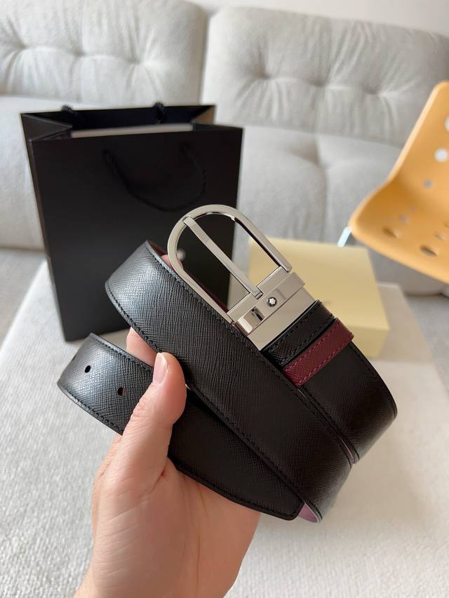 Montblanc, Horsehoe Buckle Double-Sided Belt In Classic Black And Bordeaux Red.
