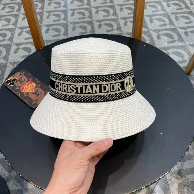 Dior Straw Hat New Style Flat-Top Fine Straw Hat, Exquisitely Crafted, Simple An