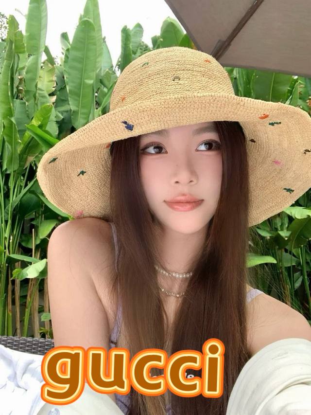 Gucci High-Quality Encrypted Woven Raffia Straw Hat For Women With Colorful Acce
