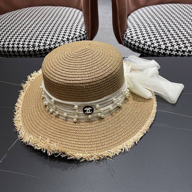 Chanel 2025 Bow-Knot Woven Straw Hat With Pearl Trim And Wide Brim, Perfect For