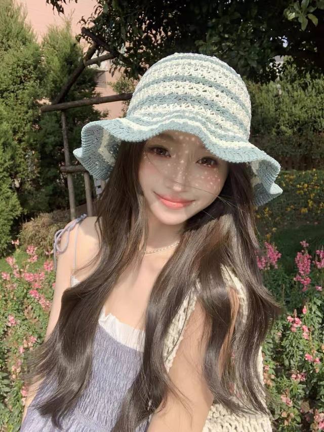 Louis Vuitton Lv Two-Tone Ruffled Knit Bucket Hat, Face-Flattering Summer Woven