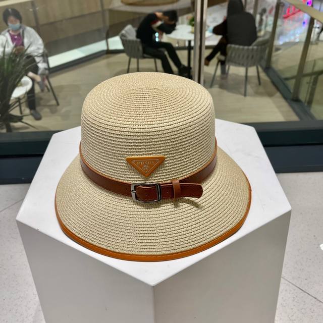 Prada New-Style Woven Straw Hat With Color-Blocked Leather Strap, Essential For