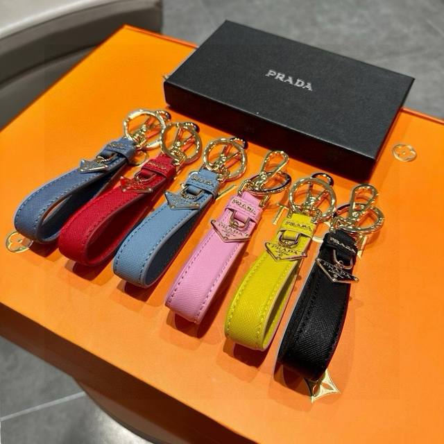 Prada New-Style Leather Keychain With A Triangular Plaque, Polished Steel Access