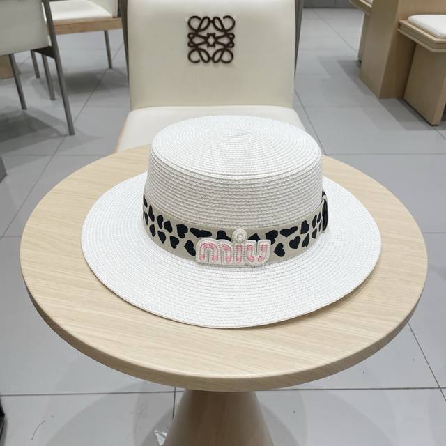 Miu Miu Raffia Straw Hat, Flat-Top Ceremonial Hat, Head Circumference 57Cm