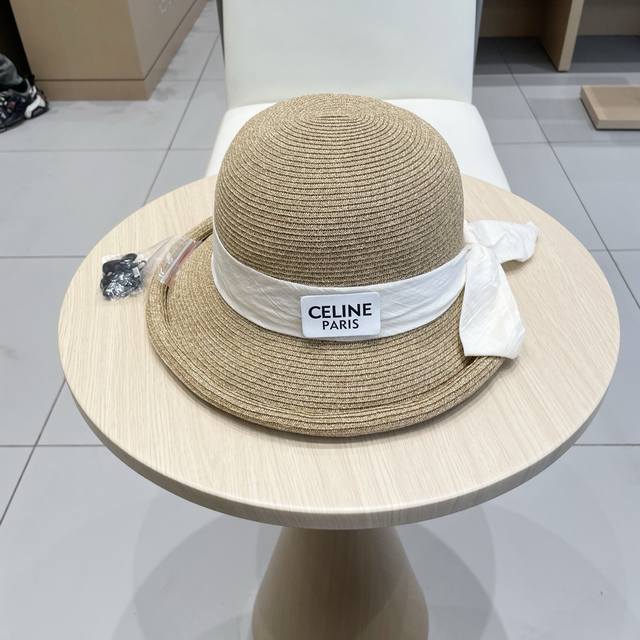 Celine-Designed Rolled-Brim Split Bow Straw Hat, Beach Vacation French-Style Ele