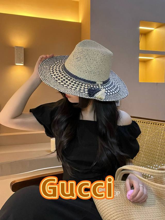 Gucci Summer Color-Block Raffia Straw Hat For Women, Beach Travel Sun Protection