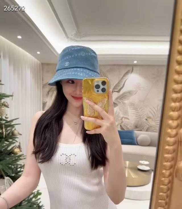 New Chanel 2025P High-Version Denim Fisherman's Hat, Available In Light Blue And