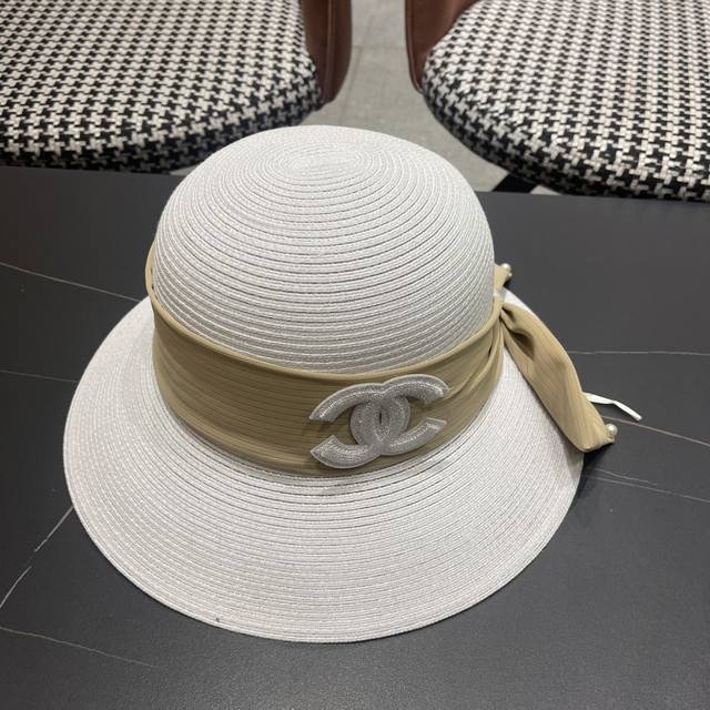 Cha Chanel 2025 New Straw Sun Hat With Bow, French-Style Wide Brim, Women's New