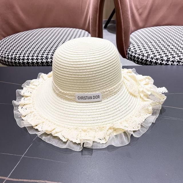 Dior Straw Hat For Women With Lace Bow, Sun Hat For Outdoor Travel And Vacations