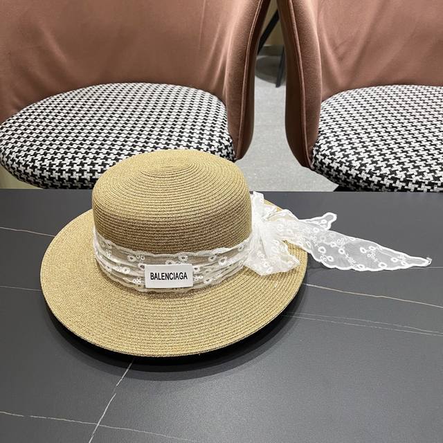 Balenciaga Lace Bow Flat-Top Straw Hat For Women, Spring/Summer Season, Straw-Wo