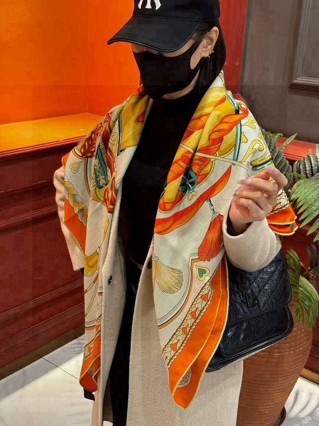 Double-Sided Same-Color Original Herm S 140Cm Velvet Square Scarf. Sweet Saddle-
