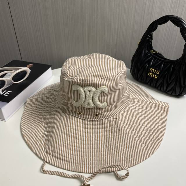 Cel Fisherman's Hat With Celine Stripes And Wide Brim. New In Apricot! In Stock