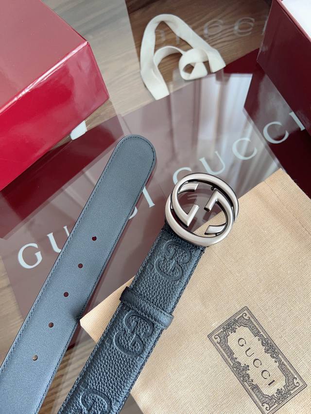 Gucci Classic Full-Leather Embossed Width 4.0 Cm, Official Store New Version Log