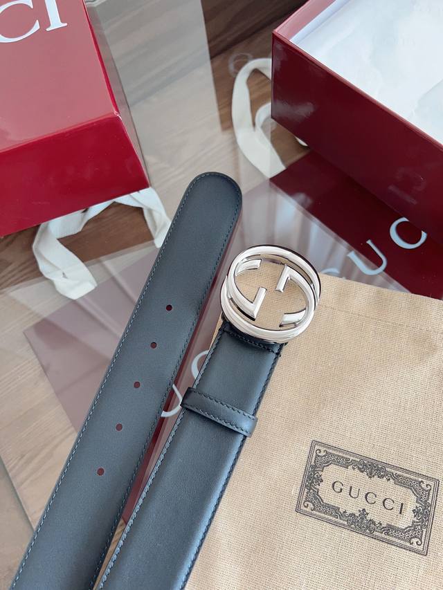 Gucci Classic Full-Leather Embossed Belt, 4.0 Cm Width, Official Store New Versi