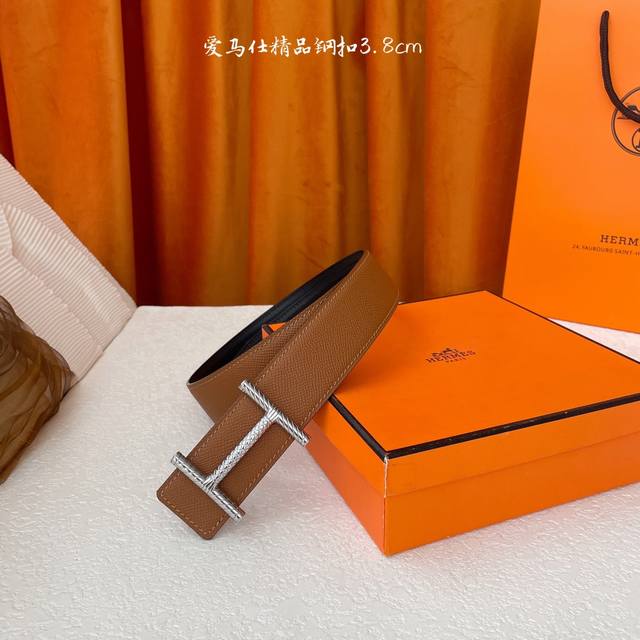 Herm S, Width 3.8 Cm, Imported Original Leather Belt Body, Double-Sided Usable,