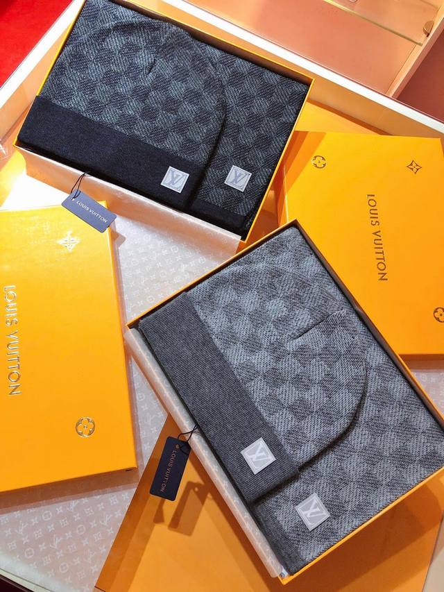 Rlv2105 Original Gift Box Set Classic Lv Checkered Wool Scarf + Hat This Soft Wo