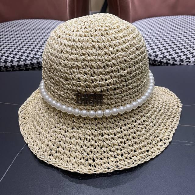 Dior French Pearl Bow Straw Fisherman's Hat, Summer Beach Sun Hat, Versatile Sun