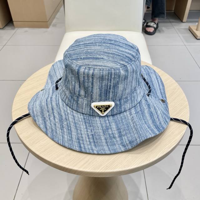 Prada Retro Rhinestone Washed Denim Fisherman's Hat With Wavy Edges, Fashionable