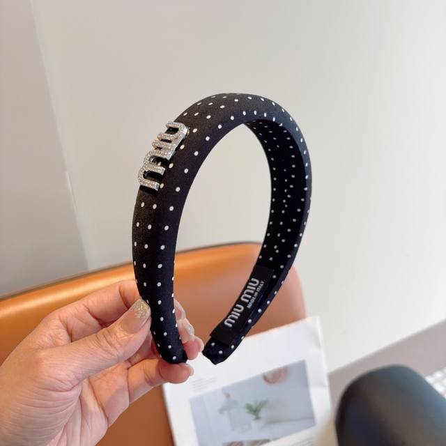 With Packaging Miu Miu New Polka Dot Sponge Hairband, Metal Letter Logo Headband