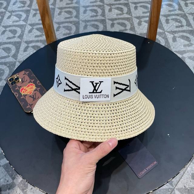 Lv Louis Vuitton New Straw-Woven Bucket Hat With Wide Brim, Beach Style, Simple