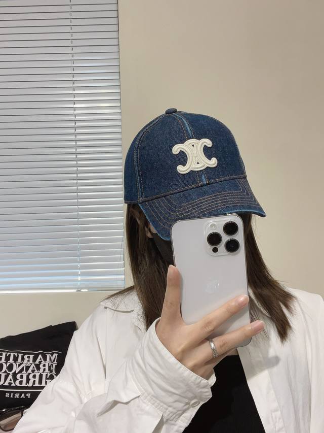 Deep Blue Denim Celine Ss New Triumph Arch Embroidered Baseball Cap, Top-Tier Ve