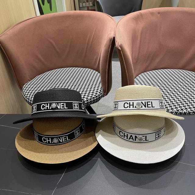 Chanel Classic Flat-Top Straw Hat, Ceremonial Hat, Head Circumference 57Cm