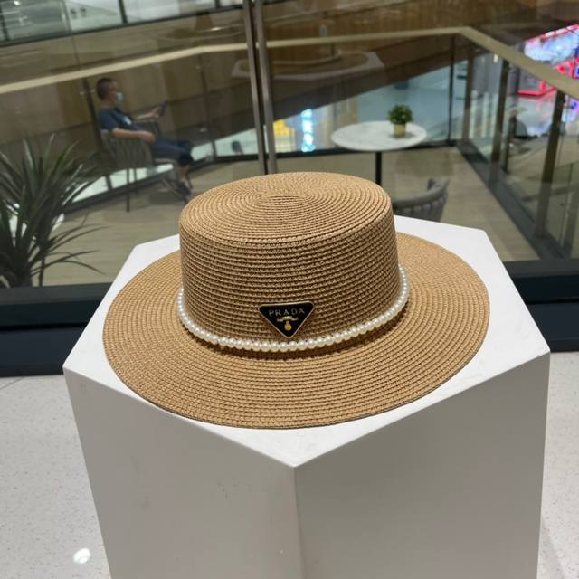 Prada Straw Hat - High-End Custom Design, Stunning Pearl Accents, Head Circumfer
