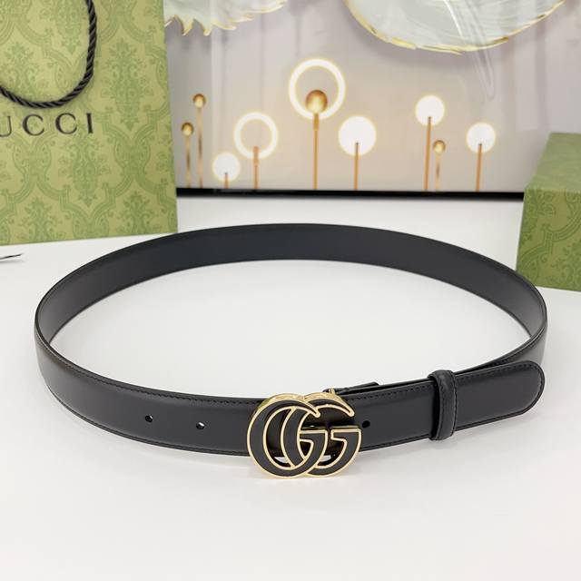 Gucci 3.0Cm Double-Sided Top-Grain Cowhide Leather With Cc-Colored Copper Buckle
