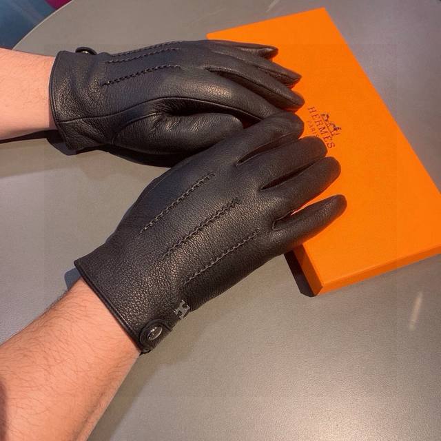 Herm S Men's Gloves, Exclusive Custom-Made, Imported First-Grade Lambskin Velvet
