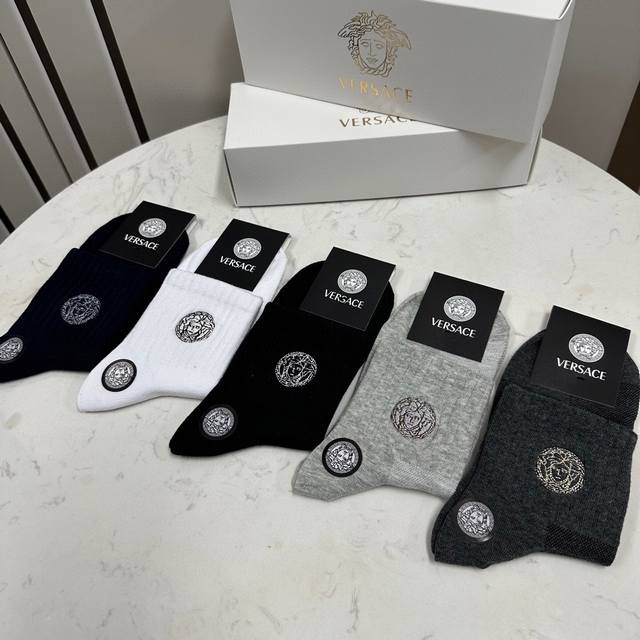 Special Versace New Men's Mid-Calf Socks, One Box Of Five Pairs, Made Of Pure Co