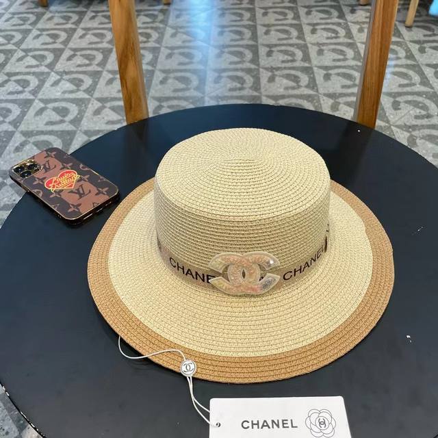 Chanel Late Pp Straw Hat, Color-Blocking Lady-Like Sun Hat, Head Circumference 5