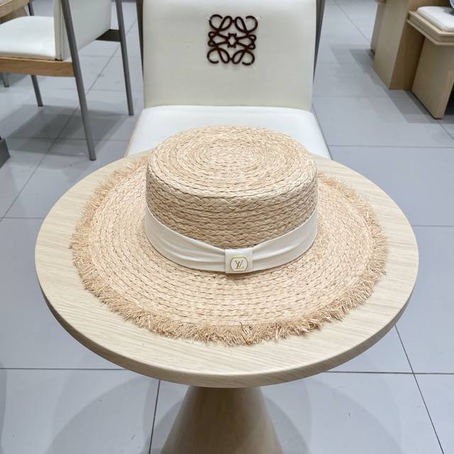 Lv Louis Vuitton Summer New Arrival Hat, Raffia Flat-Top Fringed Straw Hat, New